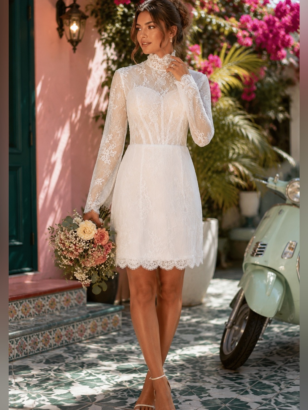 Elegant White Lace Long-Sleeve High-Neck Dress